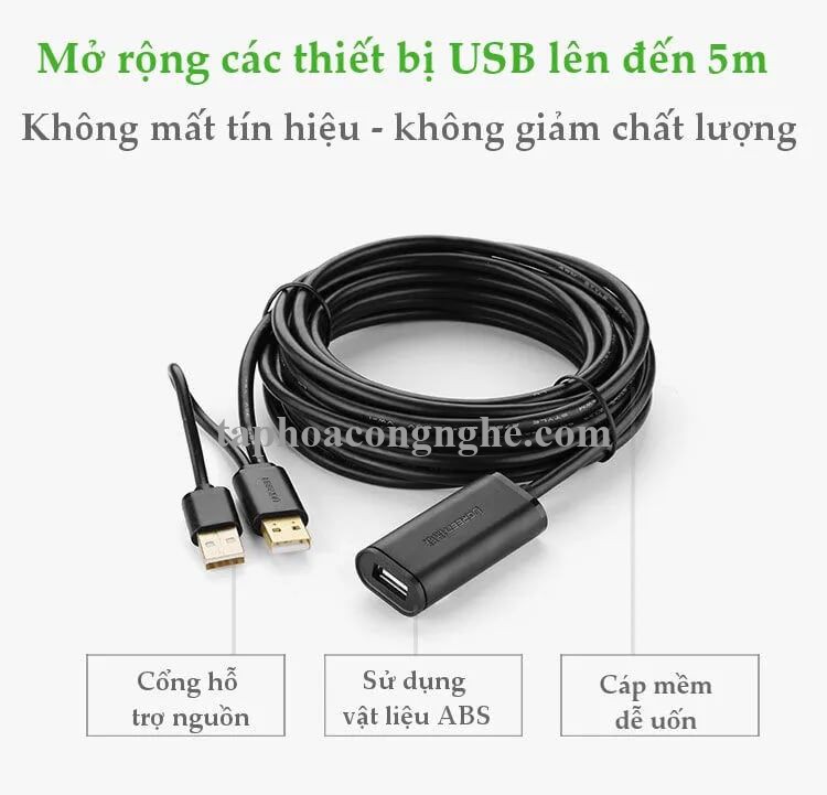 Ugreen 20213 5M màu Đen Cáp tín hiệu nối dài USB 2.0 có chip khuếch đại hỗ trợ nguồn USB US137 30020213